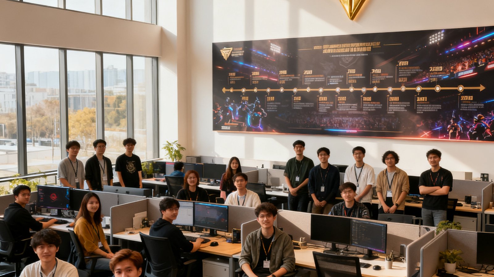 完美世界电竞北京办公室内团队合影，约40位员工分布在开放式工位区，背景墙上挂着巨幅电竞赛事时间轴海报和金色公司Logo，自然光透过落地窗洒入